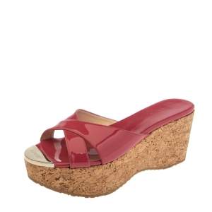Pre Owned Jimmy Choo Fuchsia Patent Leather Cork Wedge Platform Slide Sandals Size 37.5