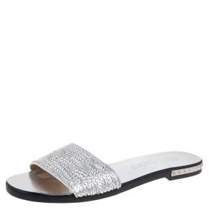 Pre Owned Jimmy Choo Silver Leather Slip On Flat Sandals Size 37