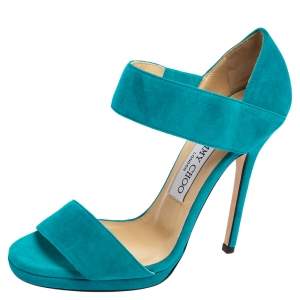 Pre Owned Jimmy Choo Turquoise Suede Open Toe Ankle Strap Sandals Size 36.5