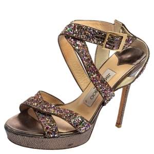 Jimmy Choo Multicolor Coarse Glitter Leather Platform Sandals Size 37