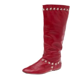 Pre Owned Jimmy Choo Red Leather Embellished Mid Calf Boots Size 37