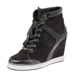 Pre Owned Jimmy Choo Dark Grey Patent Leather And Suede Panama Wedge Sneakers Size 39