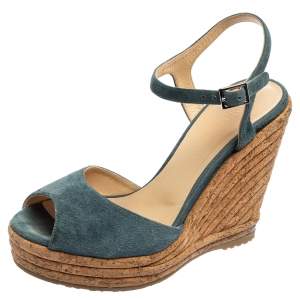 Jimmy Choo Blue Suede Ankle Strap Espadrille Wedge Sandals Size 36.5