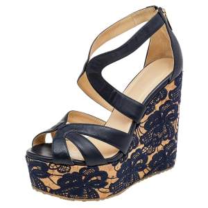 Jimmy Choo Navy Blue Leather Floral Embroidered Cork Wedge Ankle Strap Sandals Size 38