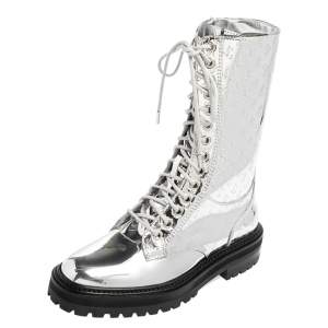 Pre Owned Jimmy Choo Silver Leather Cora Combat Boots Size 37