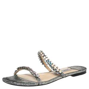 Jimmy Choo Silver Texture Leather Crystal Flats Sandals Size 37.5