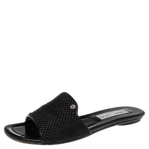 Pre Owned Jimmy Choo Black Woven Fabric Nanda Flat Slides Size 35.5