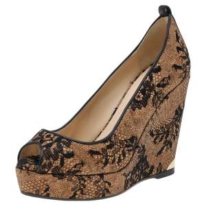 Jimmy Choo Beige/Black Lace And Cork Pacific Platform Peep Toe Pumps Size 38