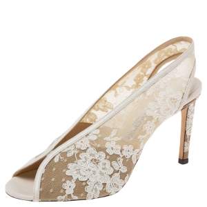 Pre Owned Jimmy Choo White Lace and Leather  Shar Slingback Sandals Size 39