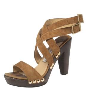 Jimmy Choo Brown Suede Unity Strappy Wooden Sandals Size 35.5