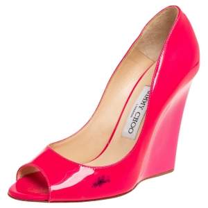 Pre Owned Jimmy Choo Neon Pink Patent Leather Peep-Toe Wedge Pumps Size 38