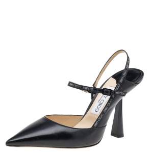 Pre Owned Jimmy Choo Black Leather Ray Pointed Toe Slingback Sandals Size 38