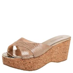 Pre Owned Jimmy Choo Metallic Gold Suede Cork Wedge Platform Sandals Size 39