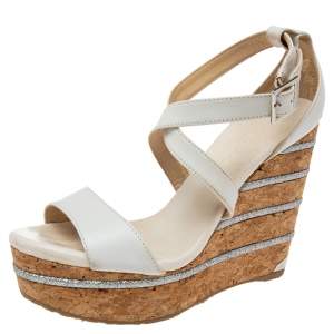 مملوكة مسبقًا Jimmy Choo White Leather Platform Wedge Sandals Size 36