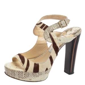 Jimmy Choo Beige/Brown Python Leather And  Pony Hair Ankle Strap Sandals Size 36.5