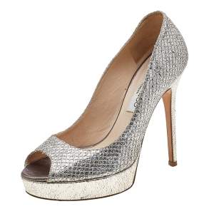 Jimmy Choo Metallic Champagne Lamè Glitter Fabric Dahlia Platform Peep Toe Pumps Size 37