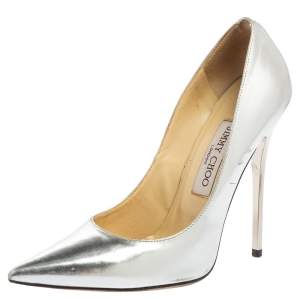 Pre Owned Jimmy Choo Silver Leather Romy Pumps Size 37.5