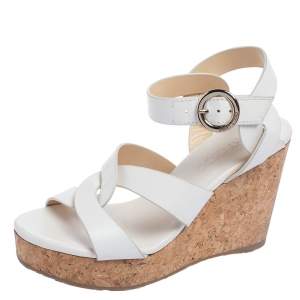 مملوكة مسبقًا Jimmy Choo White Leather Aleili Cork Wedge Sandals Size 36