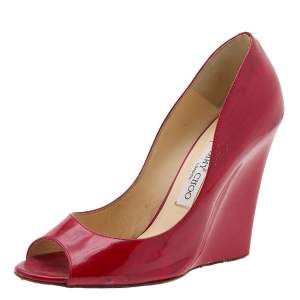Pre Owned Jimmy Choo Red Patent Leather Wedge Peep Toe Pumps Size 40