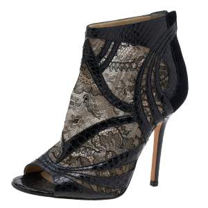 Jimmy Choo Black Snakeskin and Lace Peep Toe Booties Size 37.5