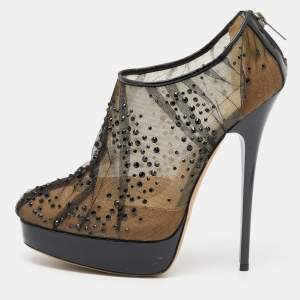 Pre Owned Jimmy Choo Black Mesh Crystal Embellished Platform Booties Size 39