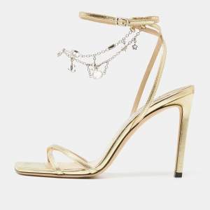 Pre Owned Jimmy Choo Gold Leather Metz Chain Ankle Strap Sandals Size 38.5
