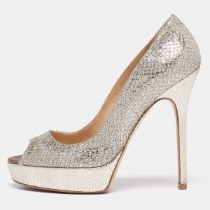 Jimmy Choo Silver/Gold Coarse Glitter Crown Peep-Toe Platform Pumps Size 36.5