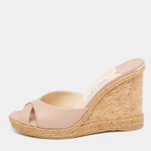 Pre Owned Jimmy Choo Pink Leather Almer 105 Cork And Espadrille Wedge Sandals Size 40