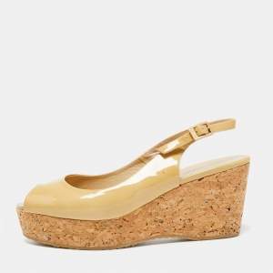 Pre Owned Jimmy Choo Beige Patent Leather Prova Cork Wedge Sandals Size 38.5