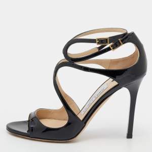 Pre Owned Jimmy Choo Black Patent Leather Lang Ankle Strap Sandals Size 36.5