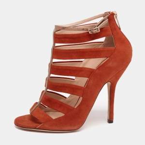 مملوكة مسبقًا Jimmy Choo Burnt Orange/Gold Suede and Patent Leather Caged Ankle Strap Sandals Size 36