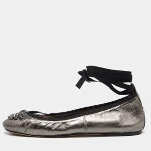 Pre Owned Jimmy Choo Metallic Grey Leather Grace Ankle-Wrap Ballet Flats Size 38.5