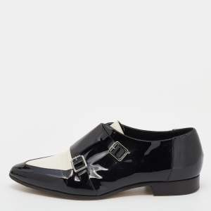 مملوكة مسبقًا Jimmy Choo Black/White Patent Leather And Leather Mardi Monk Strap Flats Size 36