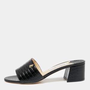 Pre Owned Jimmy Choo Black Croc Embossed Leather Minea Open Toe Sandals Size 39