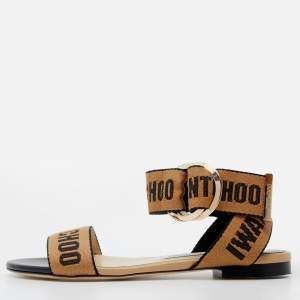 Pre Owned Jimmy Choo Brown/Black Fabric and Leather Breanne Flat Sandals Size 36