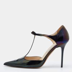 Pre Owned Jimmy Choo Black Patent Leather Bow Talan T-strap Pointed Toe Pumps Size 37