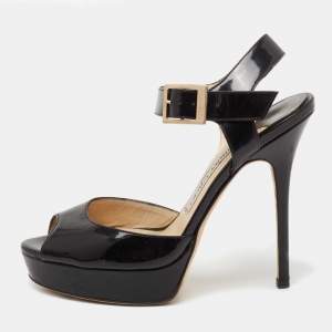 Pre Owned Jimmy Choo Black Patent Leather Linda Ankle Strap Platform Sandals Size 36