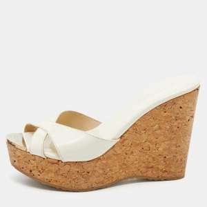 Pre Owned Jimmy Choo Cream Patent Leather Prima Cork Wedge Platform Sandals Size 36