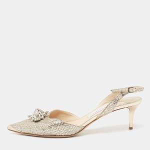 Pre Owned Jimmy Choo Sliver Glitter And Leather Pointed Toe Slingback Sandals Size 40