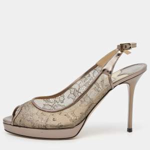 Jimmy Choo Metallic Brown Lace Dahlia Peep Toe Pumps Size 37