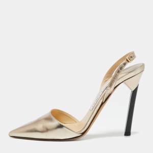 Pre Owned Jimmy Choo Gold Leather Tilly Slingback Pumps Size 35.5