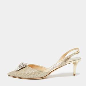 Pre Owned Jimmy Choo Metallic Gold Glitter Fabric Crystal Embellished Pointed Toe Slingback Sandals Size 38