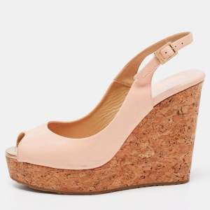 Pre Owned Jimmy Choo Light Pink Patent Leather Peep-Toe Prova Cork Wedge Slingback Sandals Size 38.5