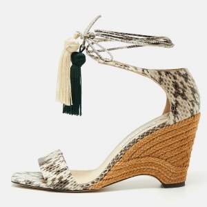 Pre Owned Jimmy Choo Brown/Cream Python Embossed Leather  Tassel Embellished Wedge  Sandals Size 39