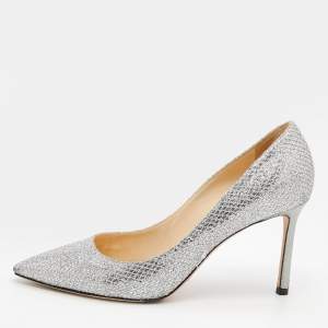 Pre Owned Jimmy Choo Metallic Silver Coarse Glitter Romy Pumps Size 38.5