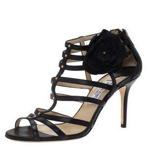 Jimmy Choo Black Leather Opaque Flower Detail Cage Sandals Size 40