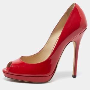 Pre Owned Jimmy Choo Red Patent Leather Luna Peep Toe Pumps Size 36