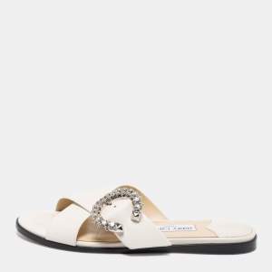 Pre Owned Jimmy Choo White Leather Marle Crystal Buckle Flat Slide Sandals Size 39