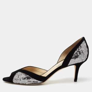 Pre Owned Jimmy Choo Black/Silver Suede and Sequin Teton D'orsay Pumps Size 40