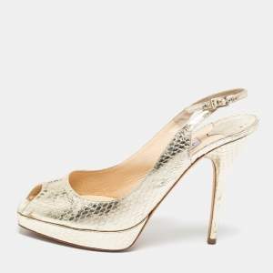 Pre Owned Jimmy Choo Gold Python Embossed Leather Slingback Sandals Size 40.5